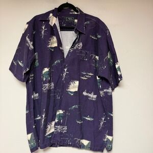 Roper Western Shirt Mens L Navy Purple Excellent Silver Creek Fly Fish Print